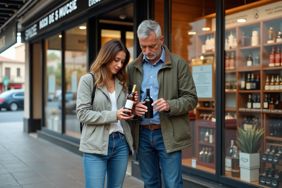 Couple de touristes examinant des produits dans une boutique duty-free à Dancharia en Espagne lors d'un séjour transfrontalier