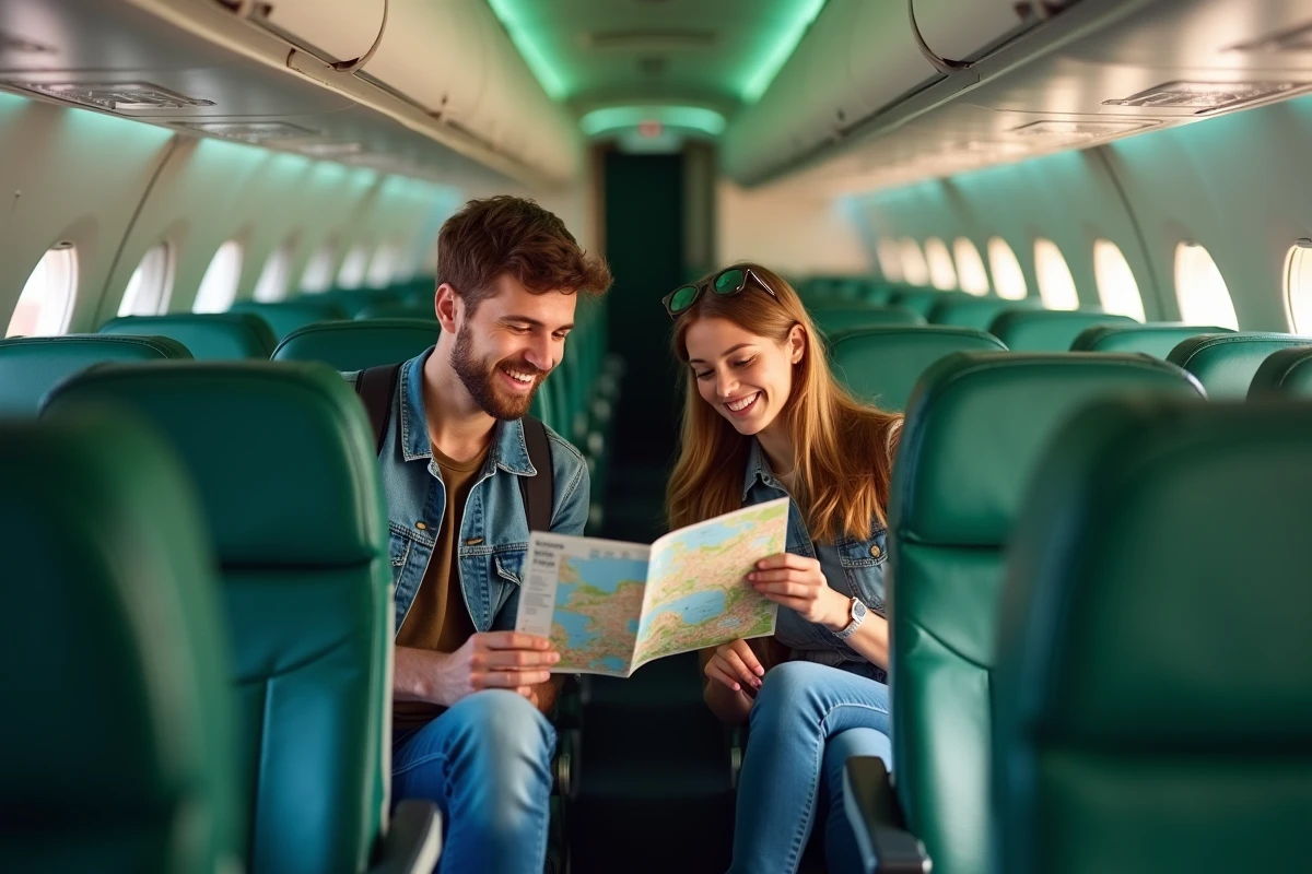 Couple de voyageurs consultant une carte dans la cabine économique d'un avion Transavia lors d'un city break