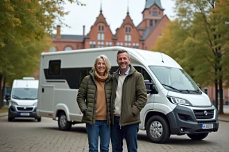 Couple souriant près d un van à Lübeck