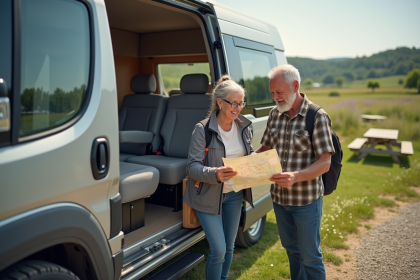 Couple souriant avec van en campagne nature