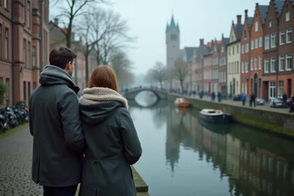 Couple de touristes au bord du canal Rozenhoedkaai à Bruges en automne, avec reflets de façades médiévales flamandes dans l'eau