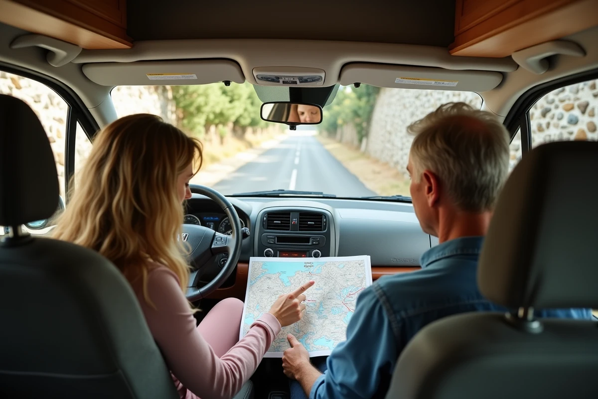 Couple consultant une carte routière dans un camping-car sur une route étroite bordée de murs en pierre de l'île de Ré