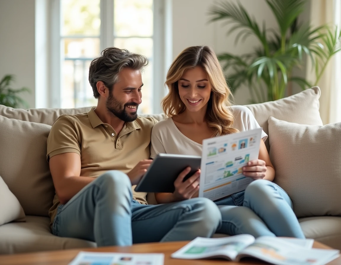 Couple comparant des informations sur une tablette et un guide de voyage imprimé avant de partir en Méditerranée