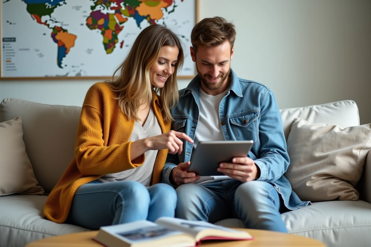 Couple comparant les tarifs d'avion sur une tablette via Google Flights dans un salon moderne au style scandinave