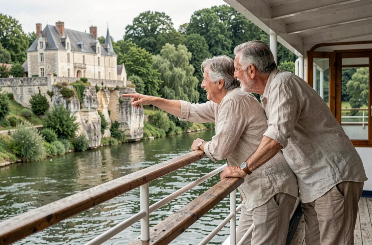 Couple de voyageurs sur le pont d'un bateau de croisière observant un château en Dordogne