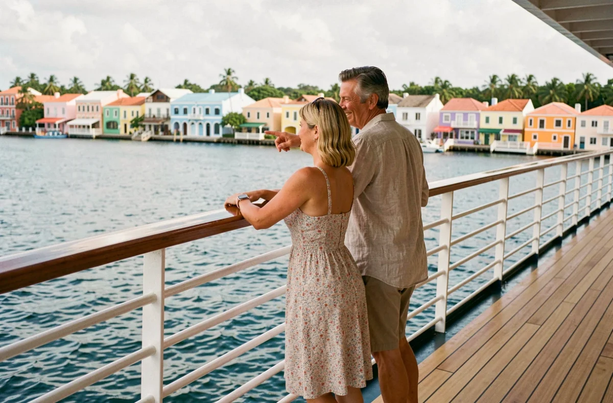 Couple de voyageurs admirant le paysage d'une île caribéenne depuis le pont d'un bateau de croisière Costa