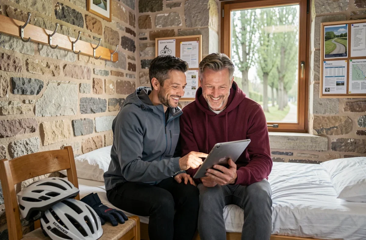 Couple de cyclistes consultant des hébergements sur tablette dans une chambre d'étape simple le long du canal de Nantes à Brest
