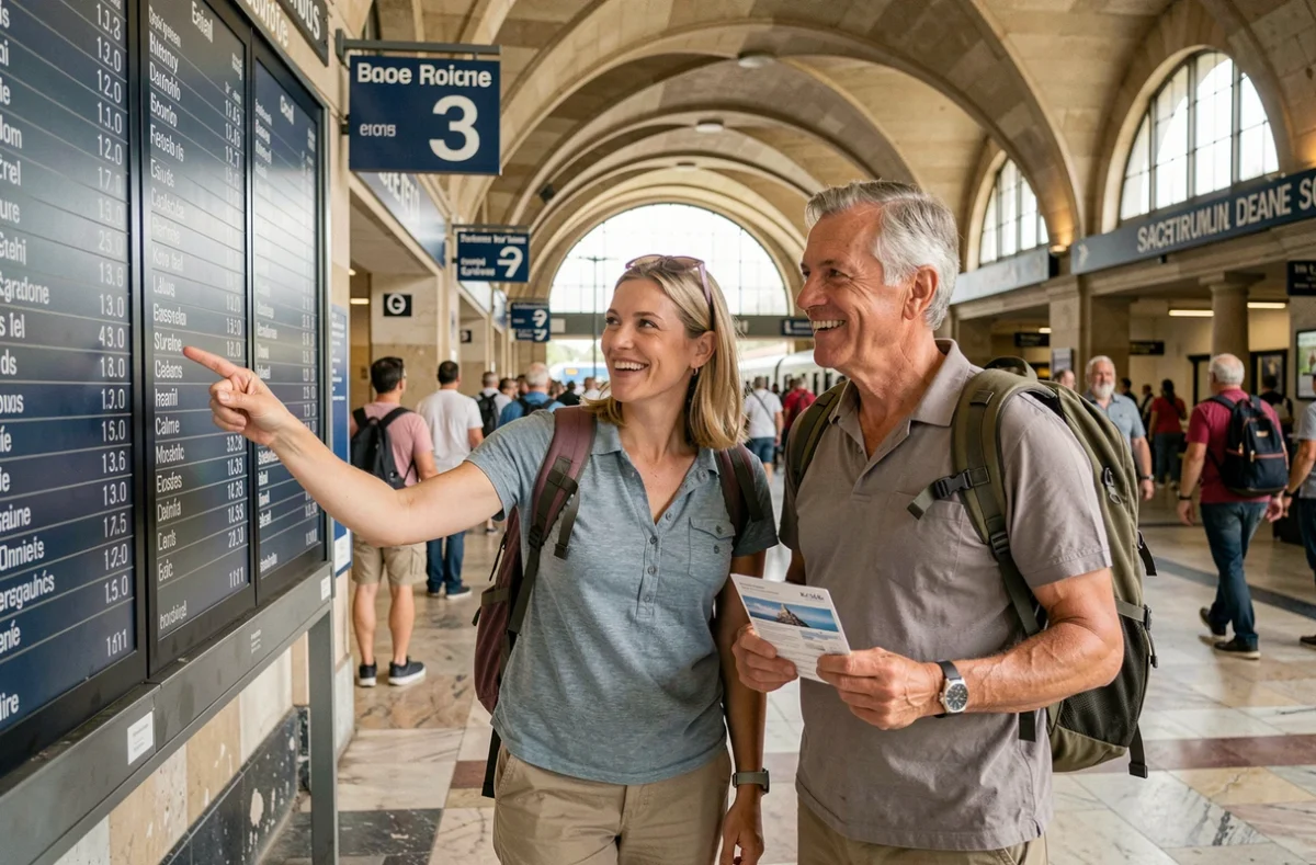 Couple regardant un tableau des départs dans une gare française pendant leurs vacances, document de voyage en main