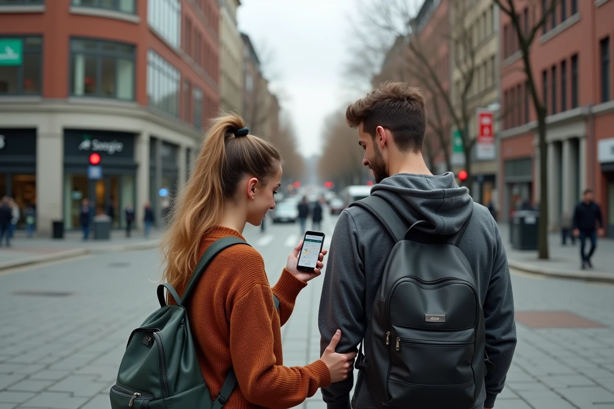 Couple utilisant Google Maps pour combiner marche et transports en commun lors d'un déplacement en ville