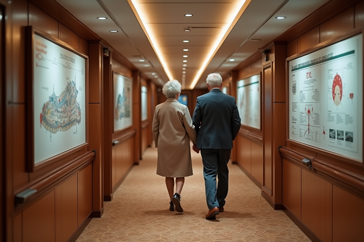 Couple dâge moyen examinant un plan de pont