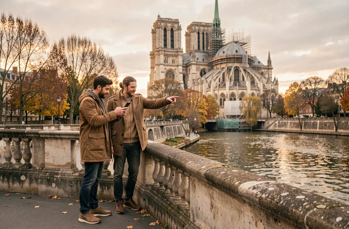 Couple planifiant leur itinéraire à pied à Paris sur le Pont de l'Archevêché avec Notre-Dame en arrière-plan