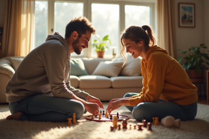 Couple souriant jouant à un jeu de société dans un salon chaleureux