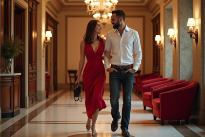 Jeune couple chic entrant dans un love hotel parisien