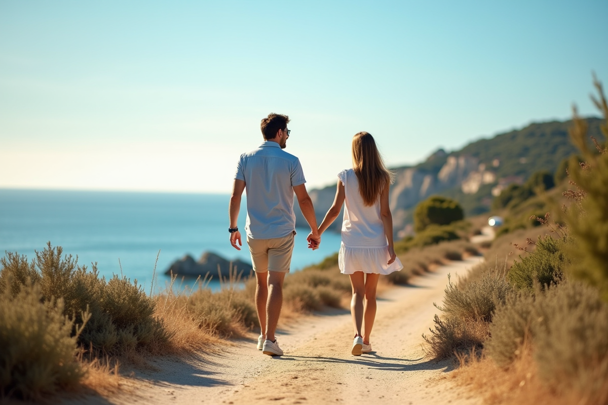 Jeune couple marchant main dans la main en Provence