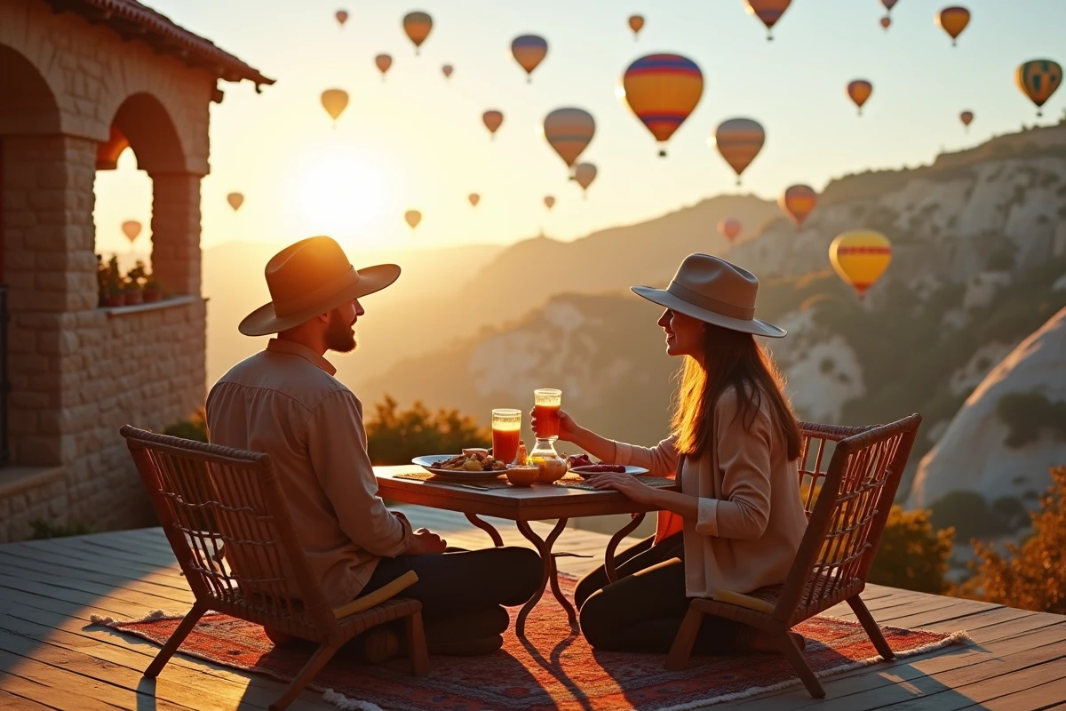 Couple dégustant petit déjeuner avec ballons en arrière-plan