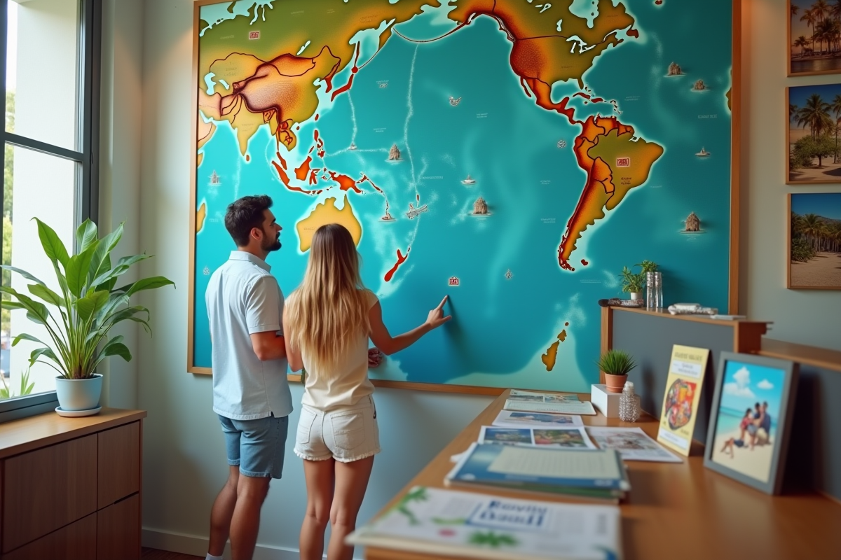 Jeune couple discutant devant une carte de l