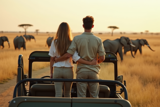 Jeune couple sur un safari regardant des éléphants