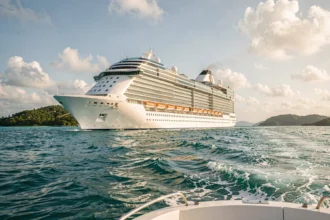 Paquebot de croisière Costa naviguant dans les eaux turquoise des Caraïbes avec des îles tropicales en arrière-plan