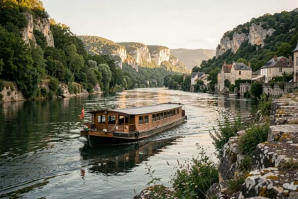 Péniche en bois naviguant sur la Dordogne avec des falaises calcaires et villages médiévaux en arrière-plan
