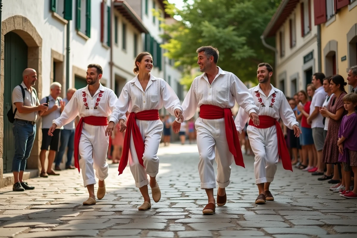 Groupe de danseurs basques en costume traditionnel exécutant un aurresku lors d'une fête de village dans une ruelle typique du Labourd