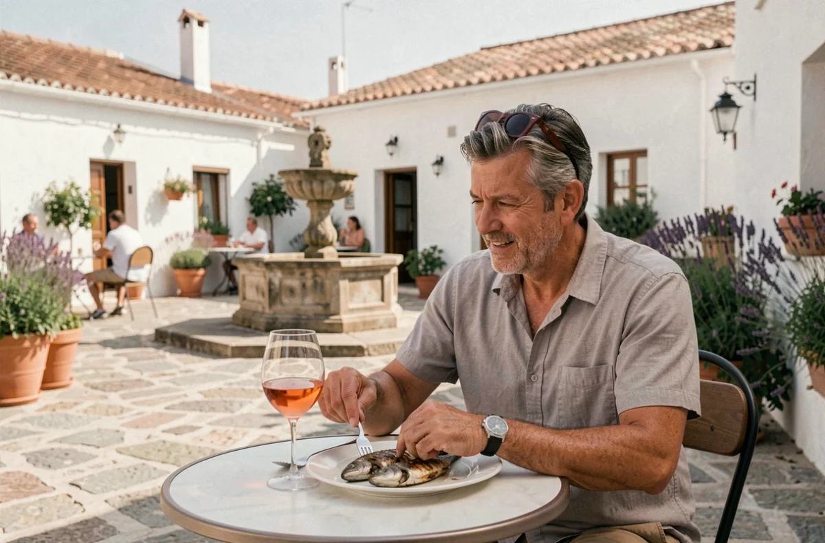 Homme déjeunant en terrasse sur la place du village de Porquerolles avec rosé et poisson grillé