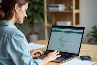 Femme française effectuant ses démarches de visa pour l'Indonésie en ligne depuis son bureau à domicile