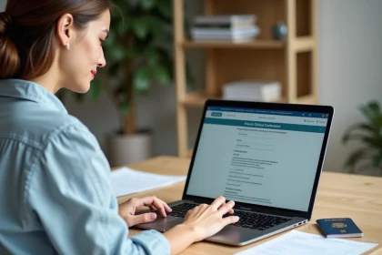 Femme française effectuant ses démarches de visa pour l'Indonésie en ligne depuis son bureau à domicile