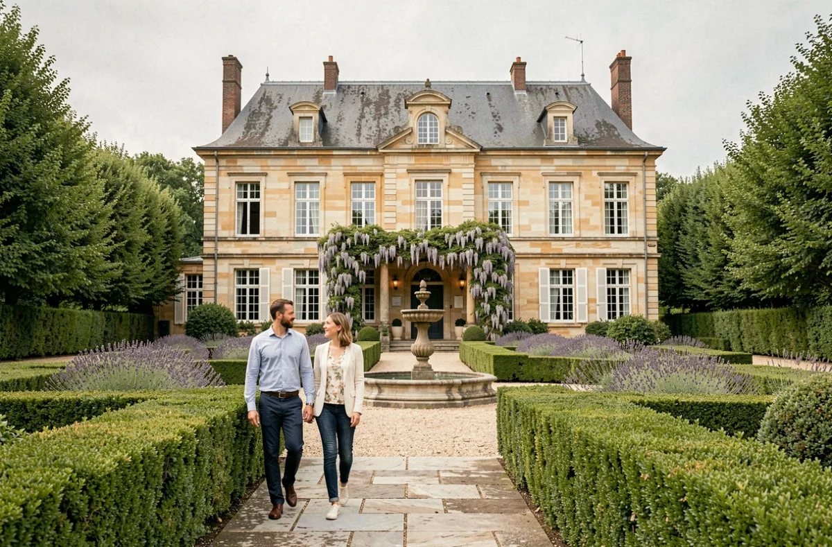 Couple se promenant dans le parc du Domaine de la Madeleine en Auvergne avec façade de manoir du XVIIIe siècle et jardin à la française