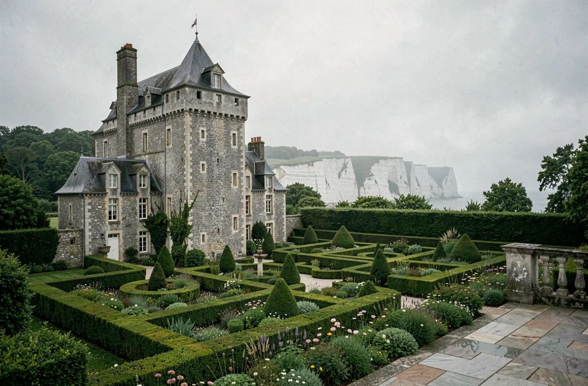 Tour médiévale et jardins du Domaine Saint Clair Le Donjon à Étretat avec falaises en arrière-plan