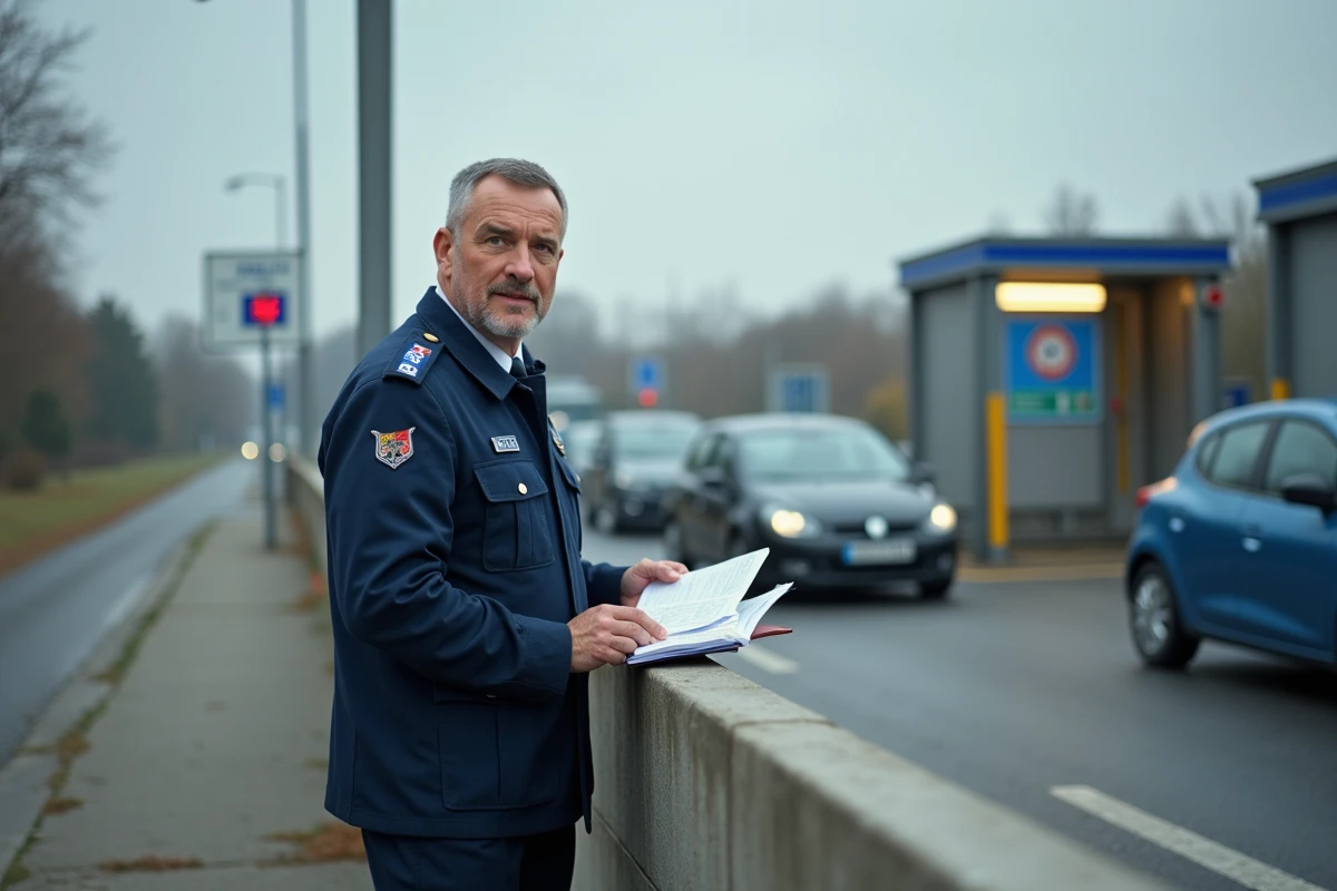 Douanier français contrôlant des documents à un poste frontière franco-espagnol