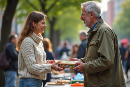 Femme souriante échangeant un jeu de société lors d'un swap communautaire