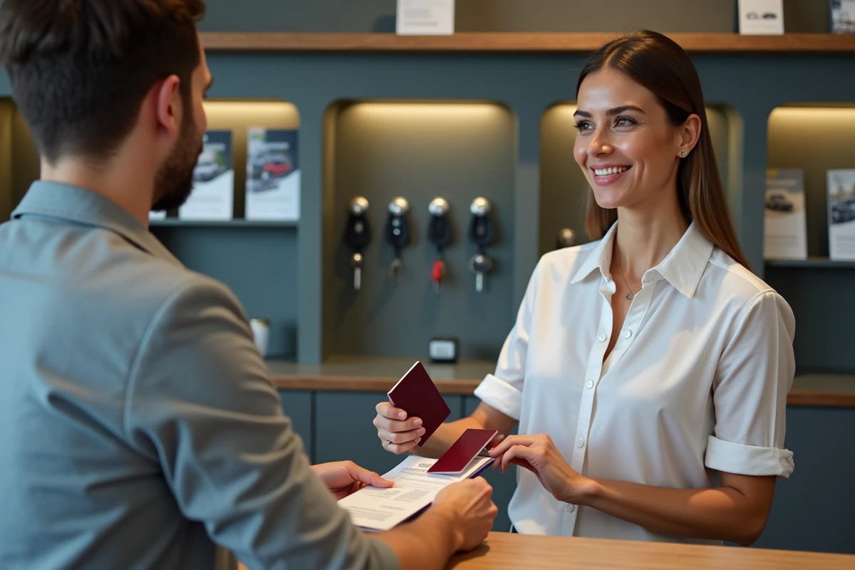 Femme remettant ses pièces d'identité au comptoir de location