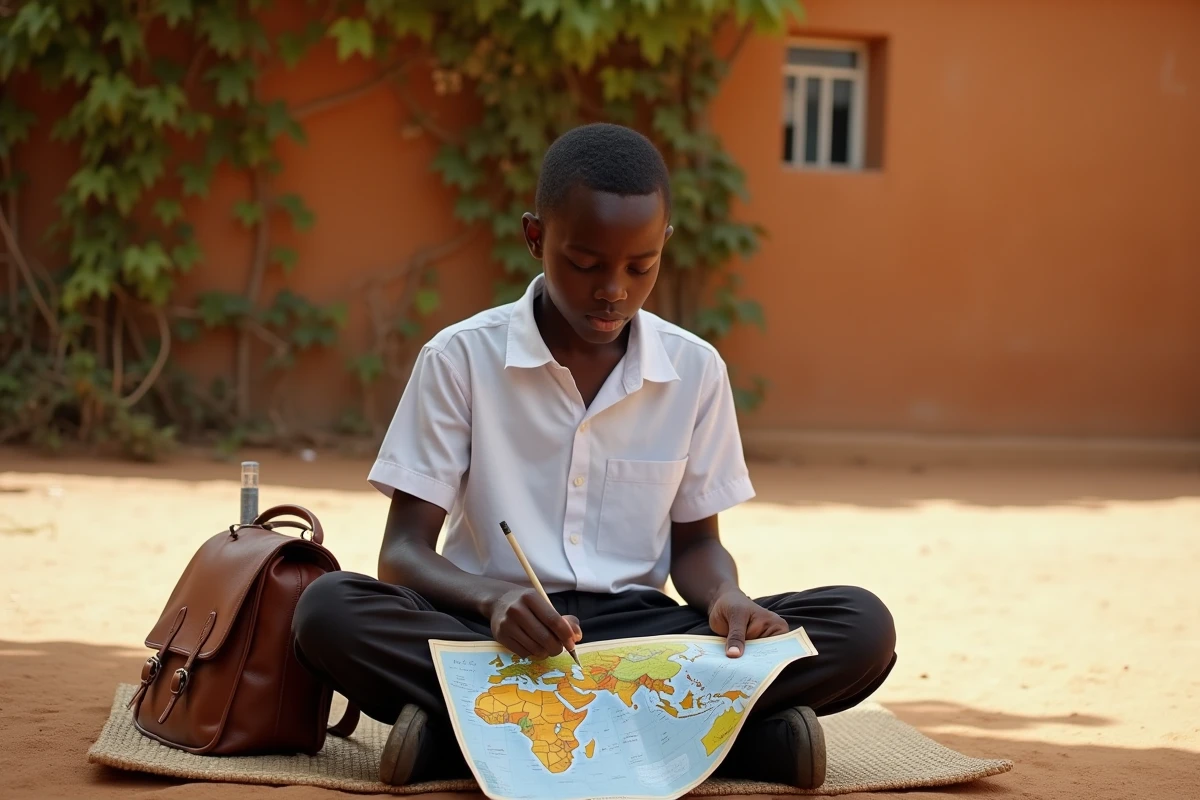 Adolescent sénégalais étudiant une carte de l'Afrique en plein air dans la cour d'une école traditionnelle