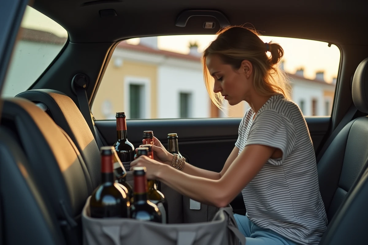 Femme rangeant des bouteilles d'alcool espagnol dans sa voiture avant de rentrer en France