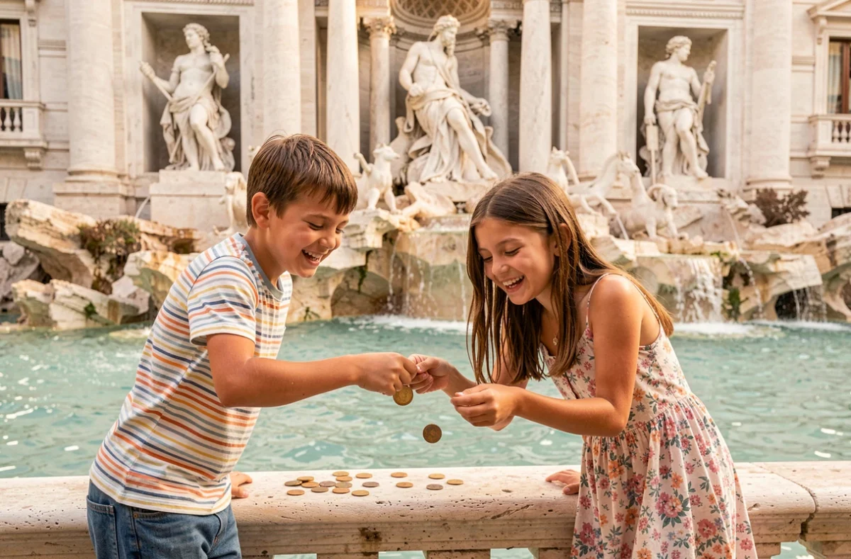 Deux enfants lançant des pièces dans la Fontaine de Trevi à Rome en famille
