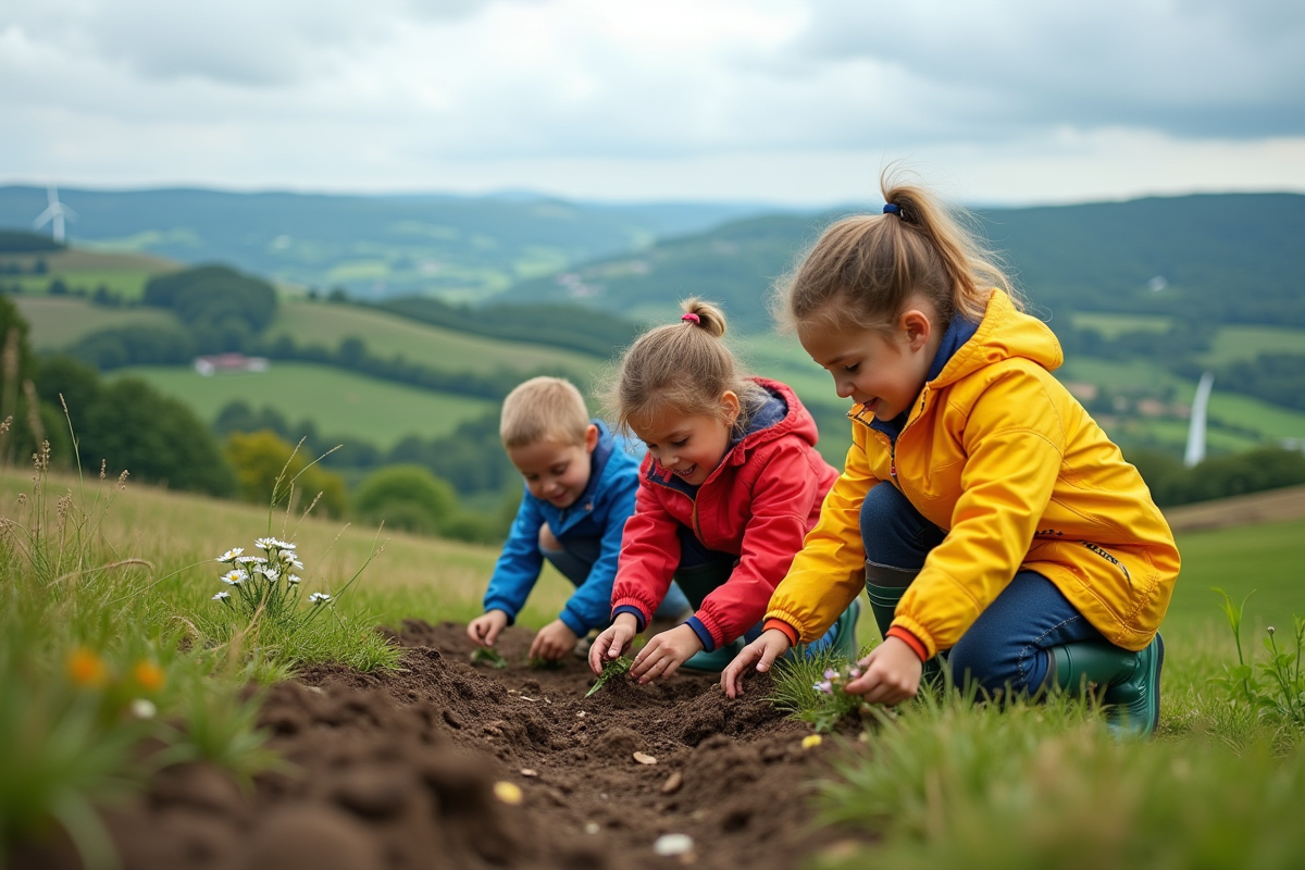 Enfants plantant des fleurs dans un paysage rural