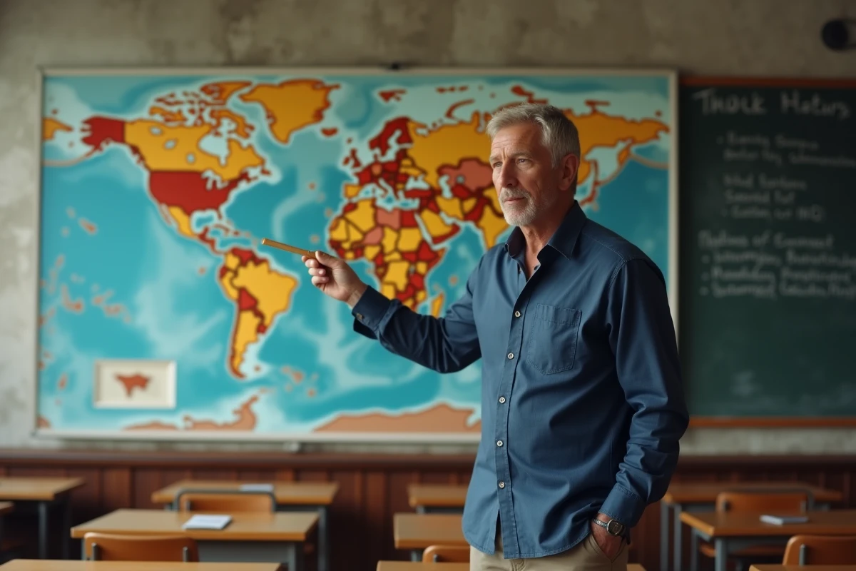 Enseignant pointant le Groenland sur une carte murale du monde dans une salle de classe universitaire