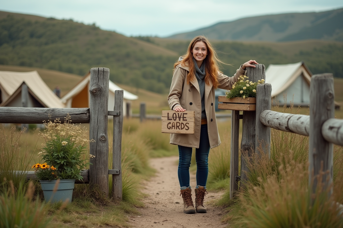 Jeune femme arrangeant des panneaux et fleurs à l
