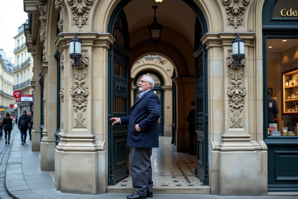 Entrée de la Galerie Vivienne rue de la Banque à Paris, un homme s'apprête à franchir la grille en fer forgé sous l'arcade en pierre sculptée