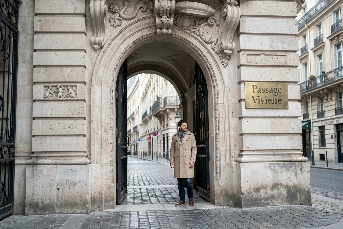 Entrée monumentale du passage Vivienne rue Vivienne avec son arche en pierre et son pavé parisien