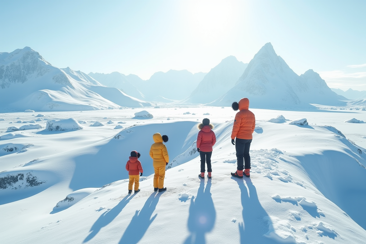 Explorateurs en veste colorée sur une crête glacée en antarctique