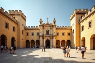 Façade extérieure du Palais des Normands à Palerme avec ses tours crénelées en pierre calcaire dorée et des touristes au premier plan