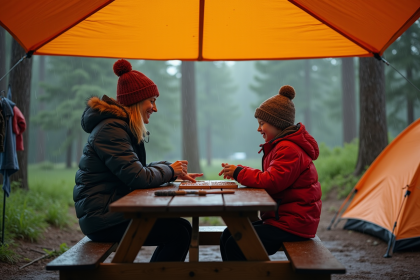 Femme et enfant jouant à un jeu sous une tente en forêt