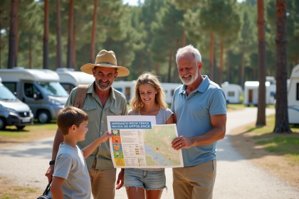 Famille souriante devant l'accueil du camping en été