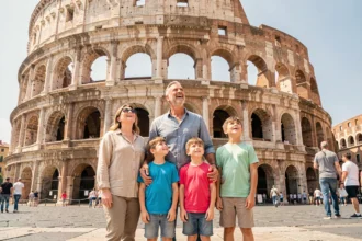 Famille avec deux enfants admirant le Colisée à Rome lors d'une visite touristique en été