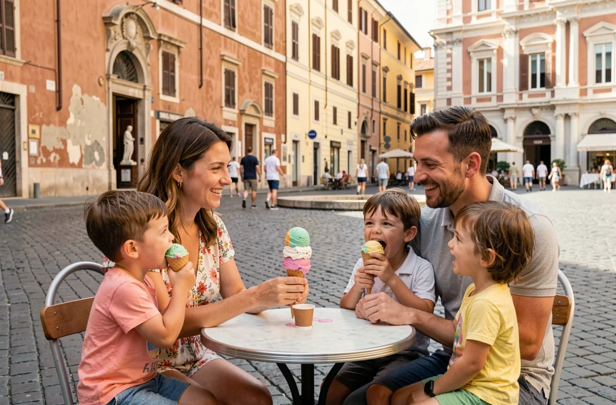Famille dégustant des gelatos italiens en terrasse près de la Piazza Navona à Rome