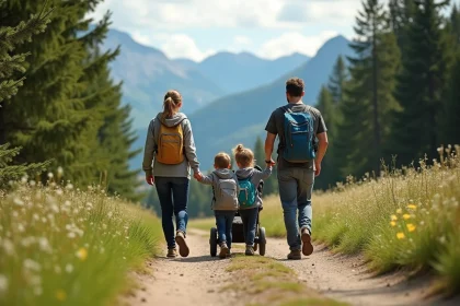 Famille en randonnée dans la nature à Pointe du Salaison