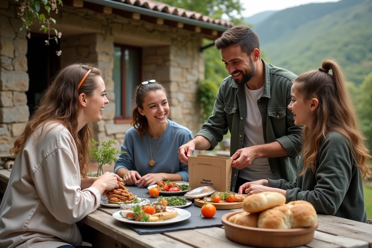 Famille préparant un repas avec des produits locaux basques commandés via Merkatu.fr dans un gîte rural