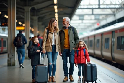 Famille voyageant en train à Lyon avec trains modernes