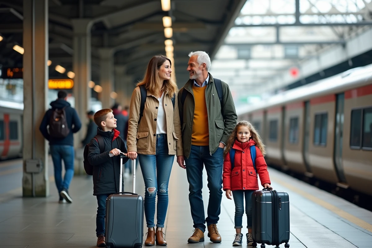 Famille voyageant en train à Lyon avec trains modernes